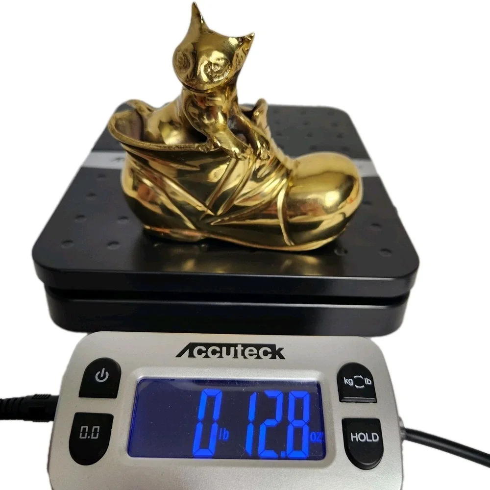 Vintage Brass Cat in Boot Figurine Heavy Kitten Shoe Gold Trinket Paperweight
